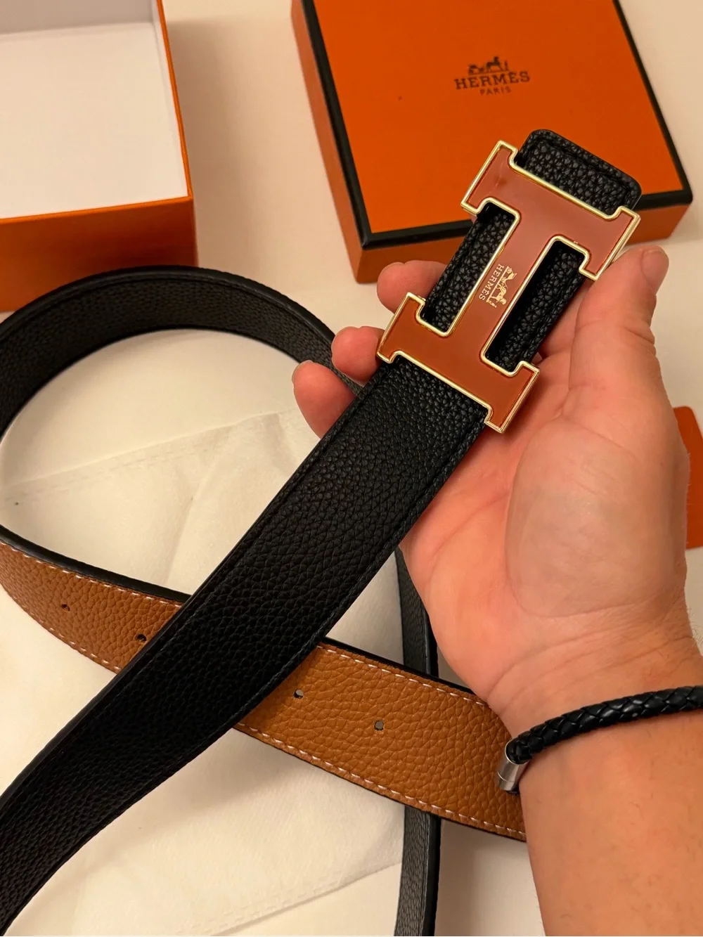 Hermès Constance H Belt – Black & Gold / Gold-Brown Reversible